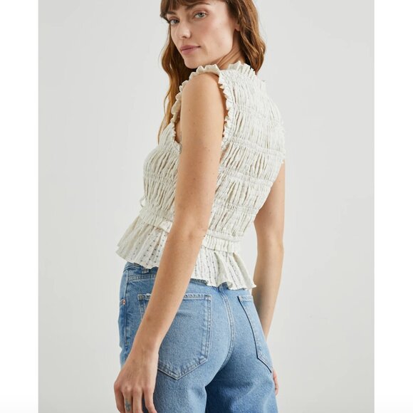 RAILS Martine Shirred Seersucker Ivory Sleeveless Top, Size L - Picture 3 of 12